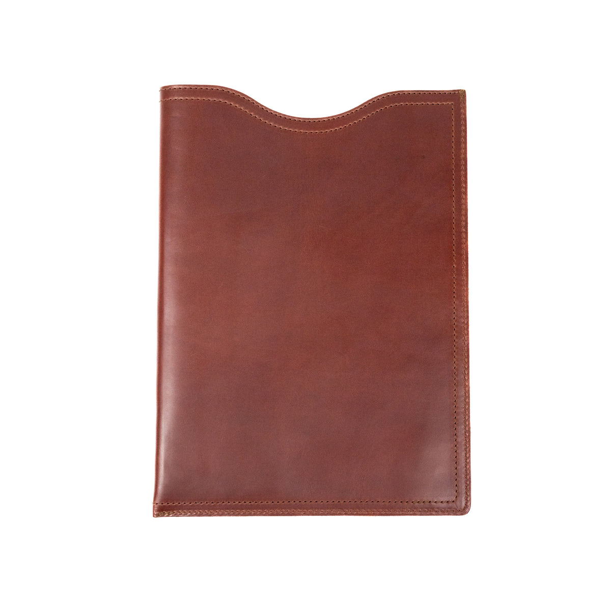 16" Vertical Laptop Sleeve in Chestnut, back view with curved top opening and stitched edges