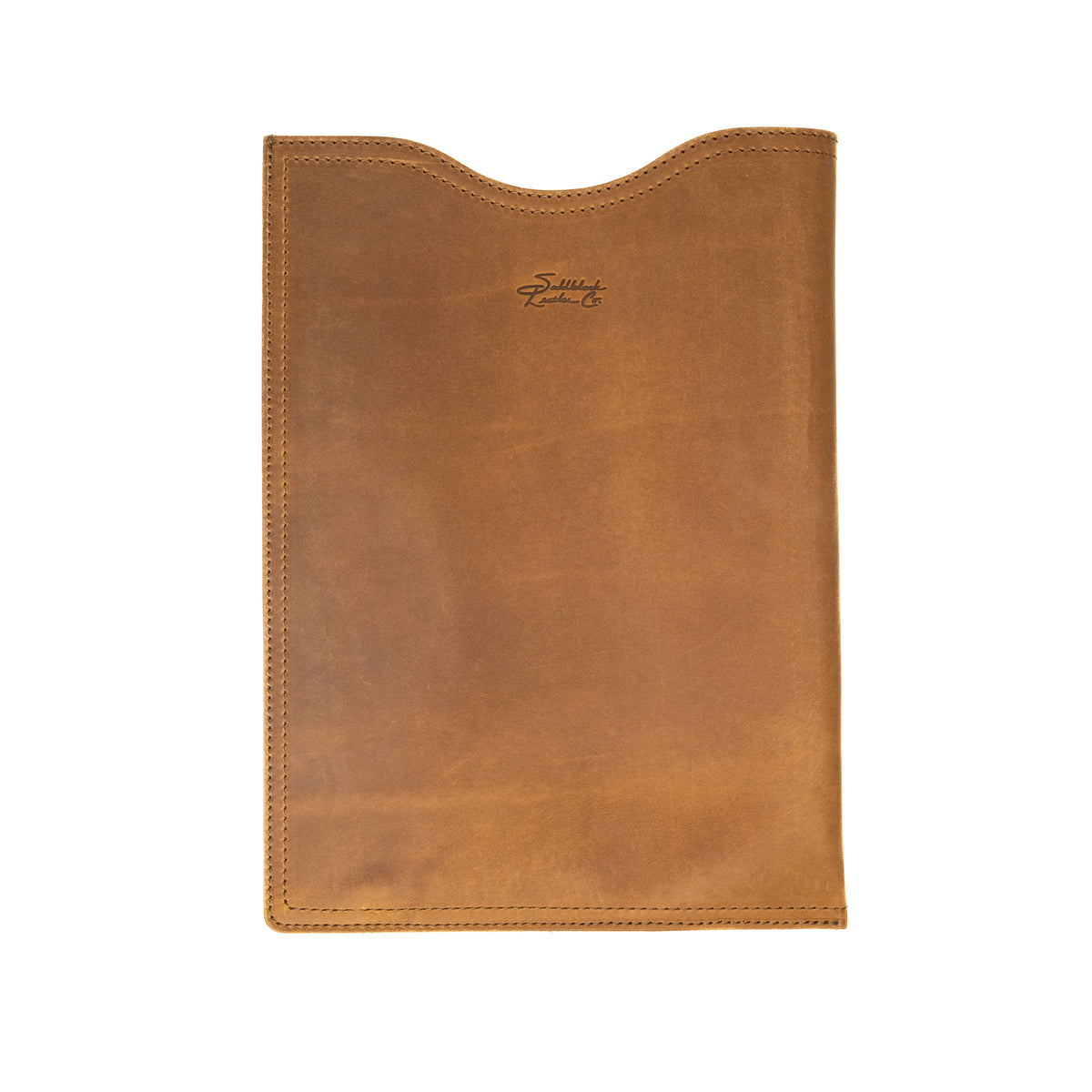 16" Vertical Laptop Sleeve in Tobacco, front view with curved top opening and logo
