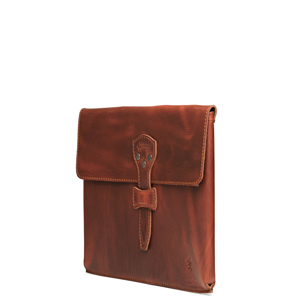 14" Document Holder in Chestnut, angled front view with flap and riveted tab closure