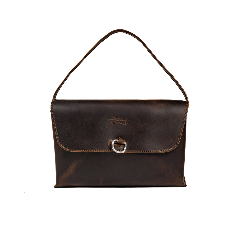 Large Leather Organizer Bag in Dark Coffee Brown, tie looped up as a carry handle, metal ring on the closed flap