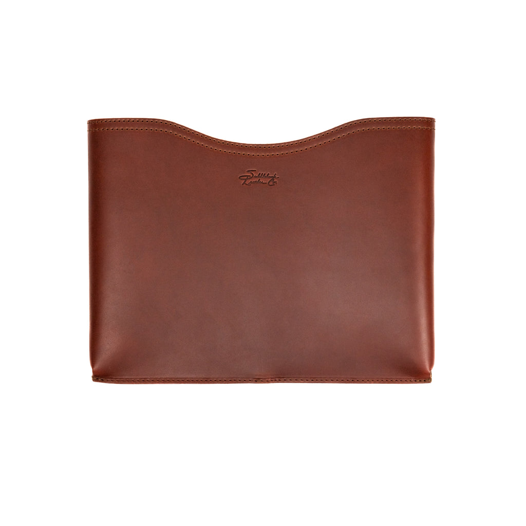 16" Horizontal Laptop Sleeve in Chestnut, front view with curved top opening and logo