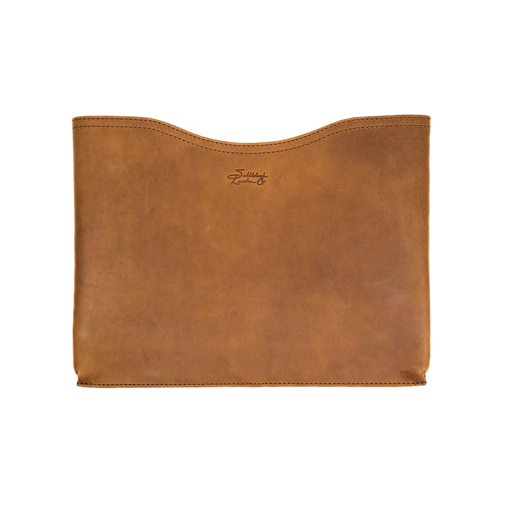 16" Horizontal Laptop Sleeve in Tobacco, front view with curved top opening and logo