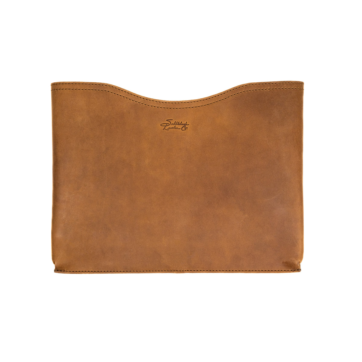 16" Horizontal Laptop Sleeve in Tobacco, front view with curved top opening and logo