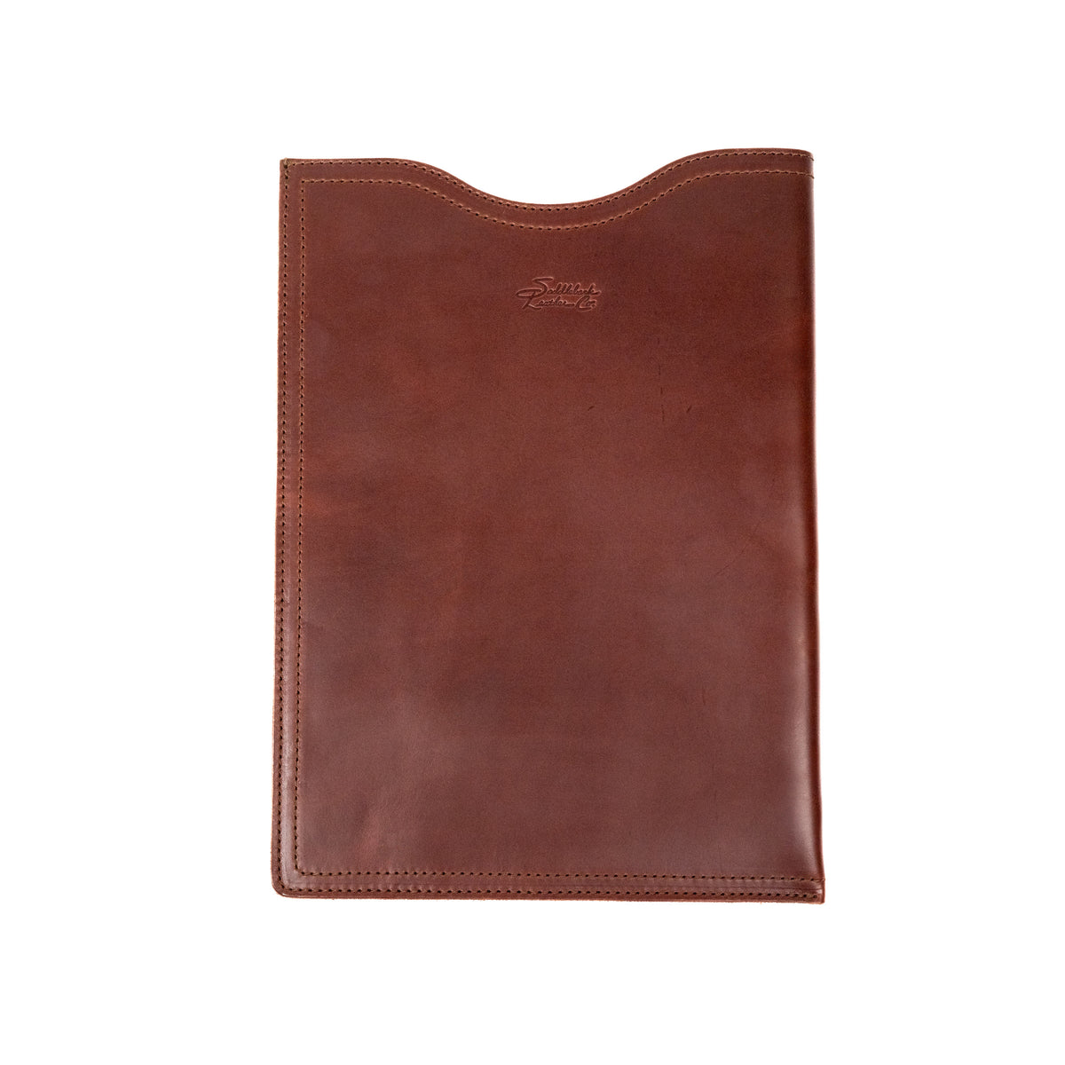 16" Vertical Laptop Sleeve in Chestnut, front view with curved top opening and logo