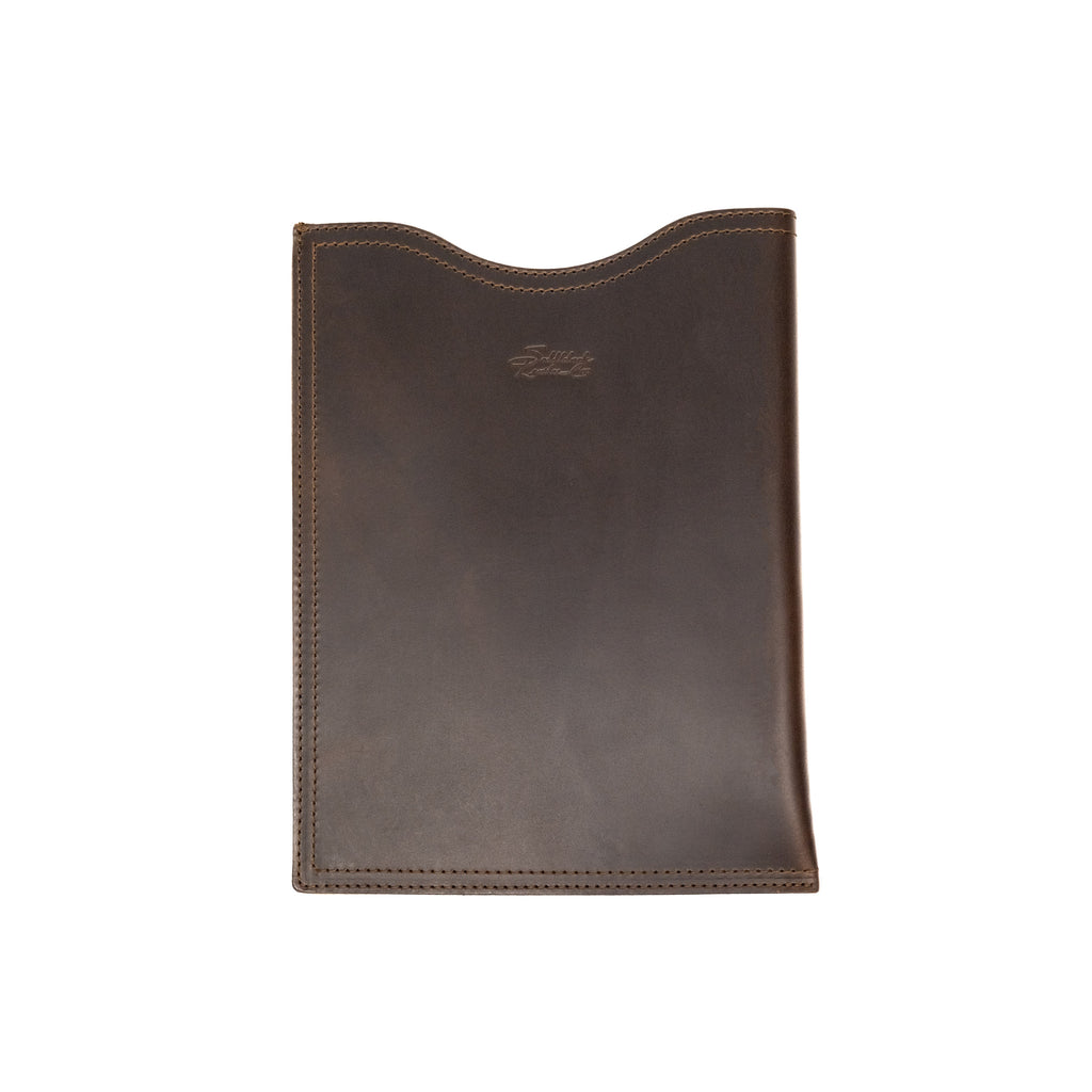 14" Vertical Laptop Sleeve in Dark Coffee Brown, front view with curved top opening and logo