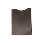 14" Vertical Laptop Sleeve in Dark Coffee Brown, front view with curved top opening and logo