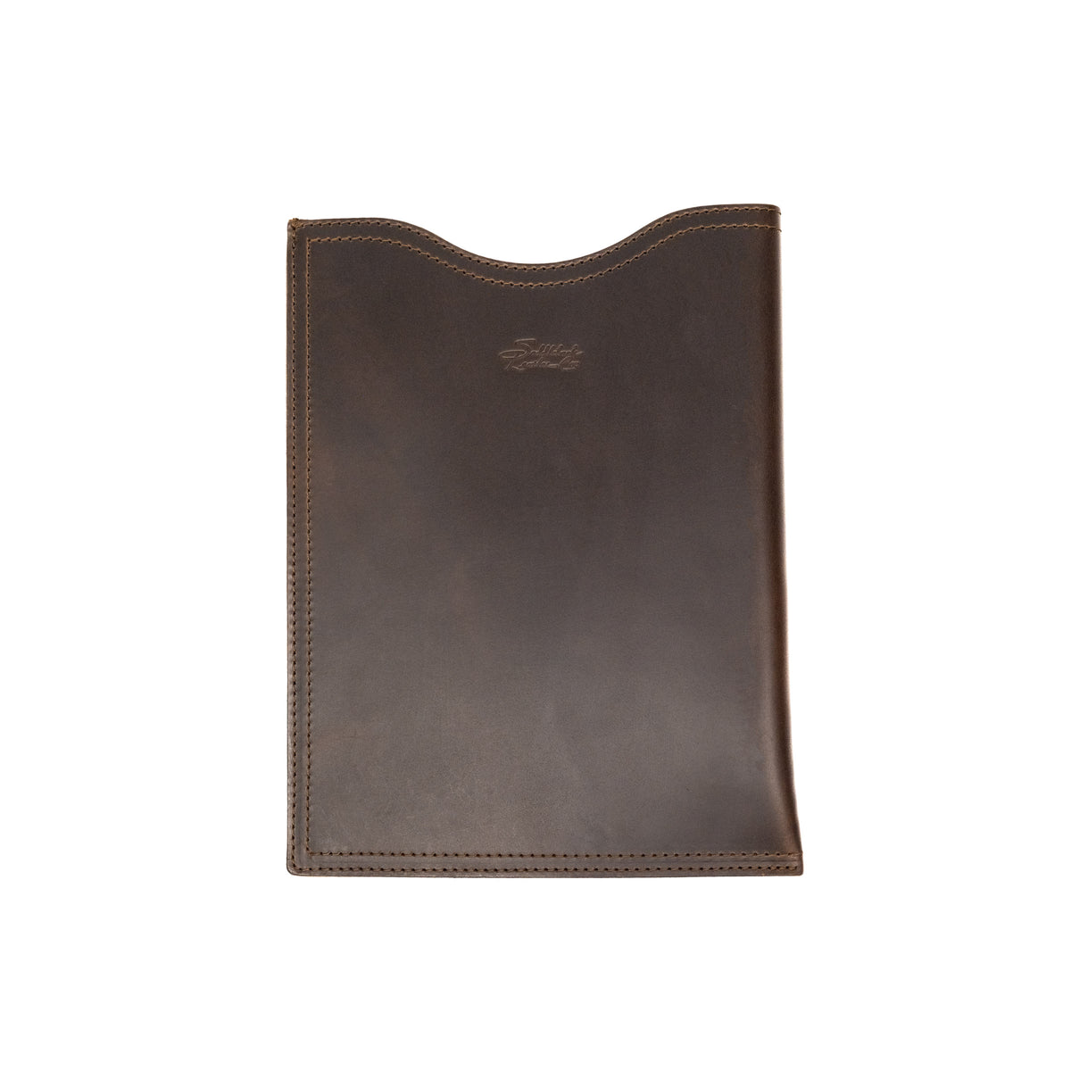 14" Vertical Laptop Sleeve in Dark Coffee Brown, front view with curved top opening and logo