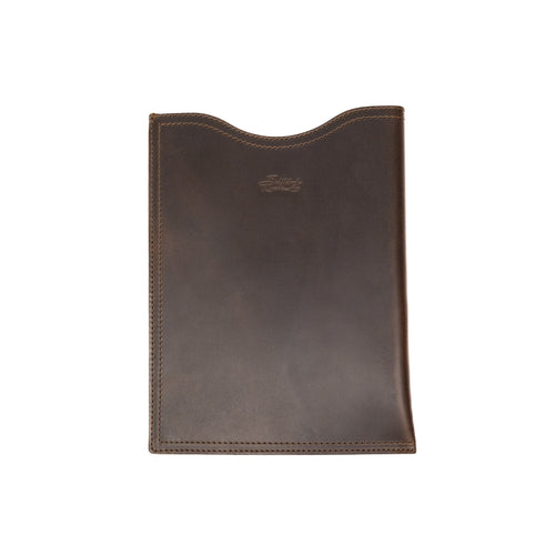 14" Vertical Laptop Sleeve in Dark Coffee Brown, front view with curved top opening and logo
