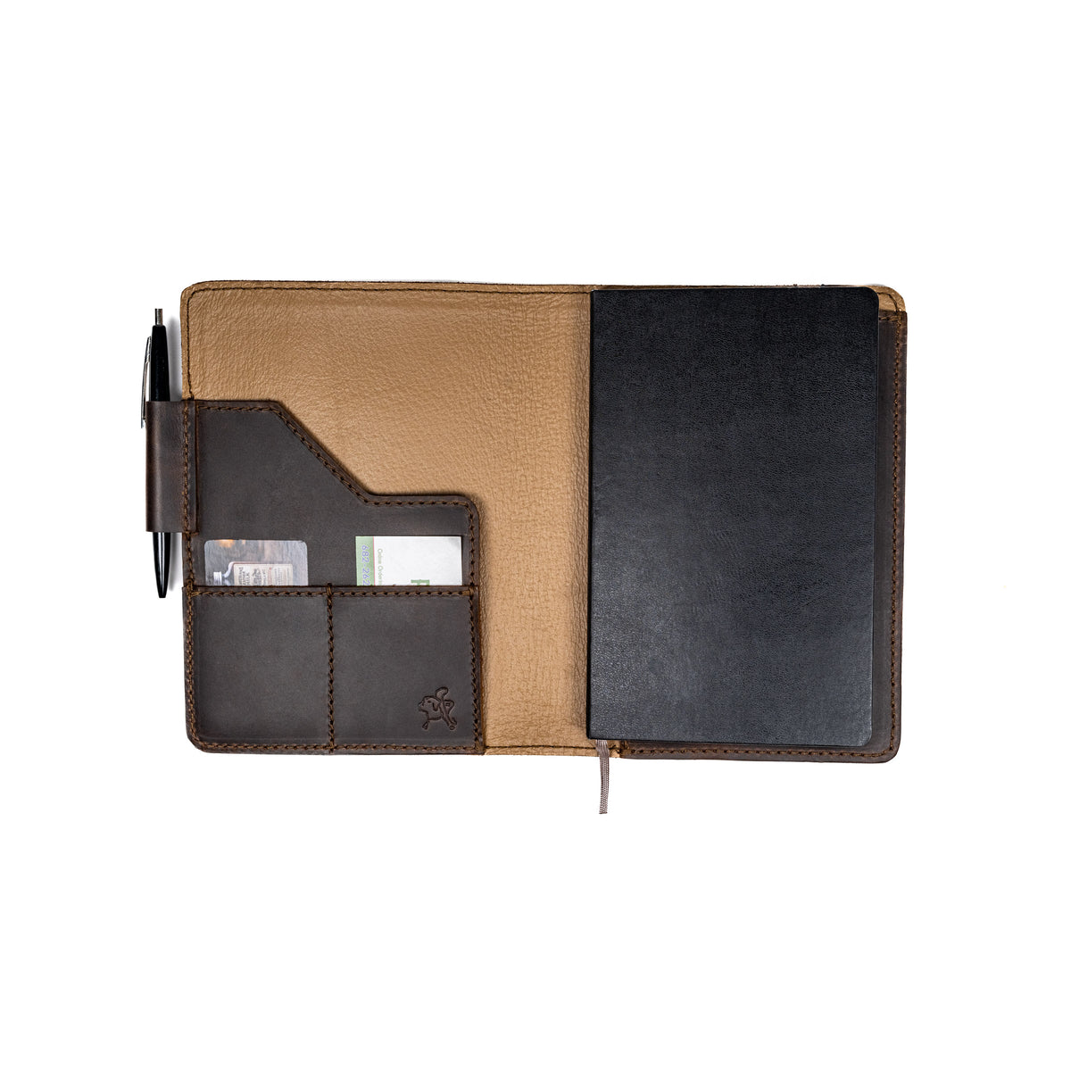 Leather Journal Cover - Minnesota Twins in Dark Coffee Brown, open with a black notebook, pen and cards inside