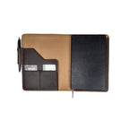 Leather Journal Cover - Kansas City Royals in Dark Coffee Brown, open with a black notebook, pen and cards inside