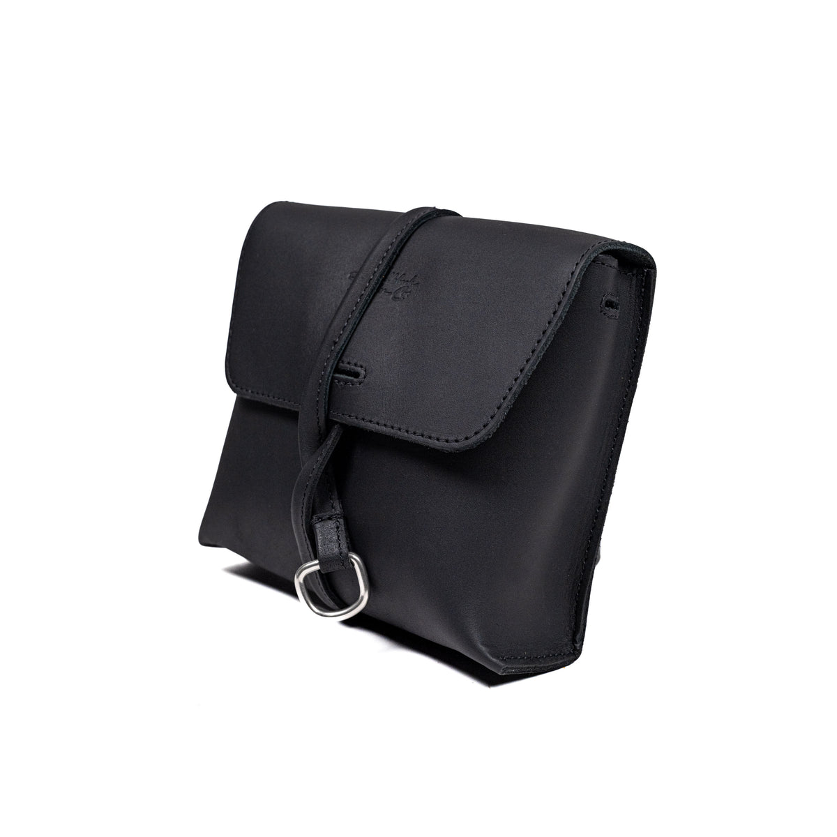 Leather Organizer Bag in Black, three-quarter view with flap closure and strap wrapped around the front
