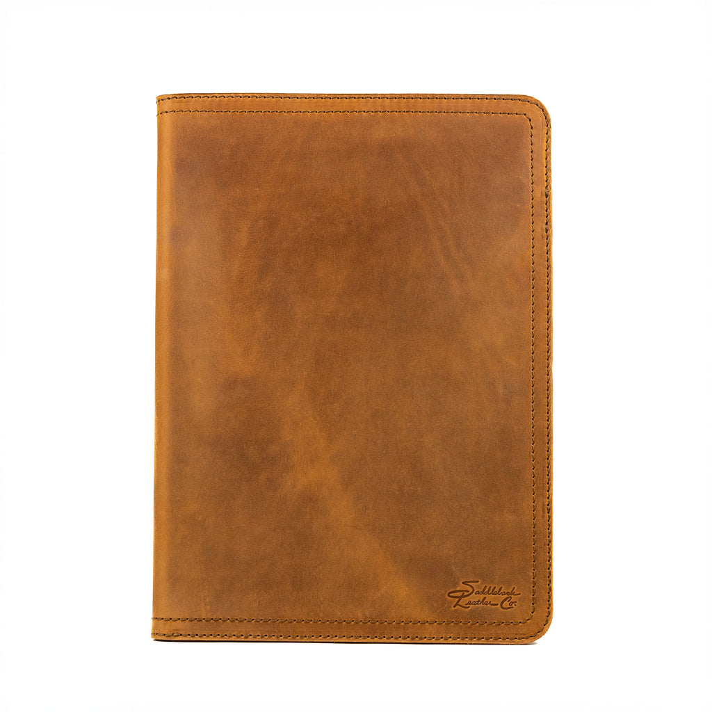 Old Design Medium Leather Portfolio in Tobacco, closed front view with stitched edges and logo