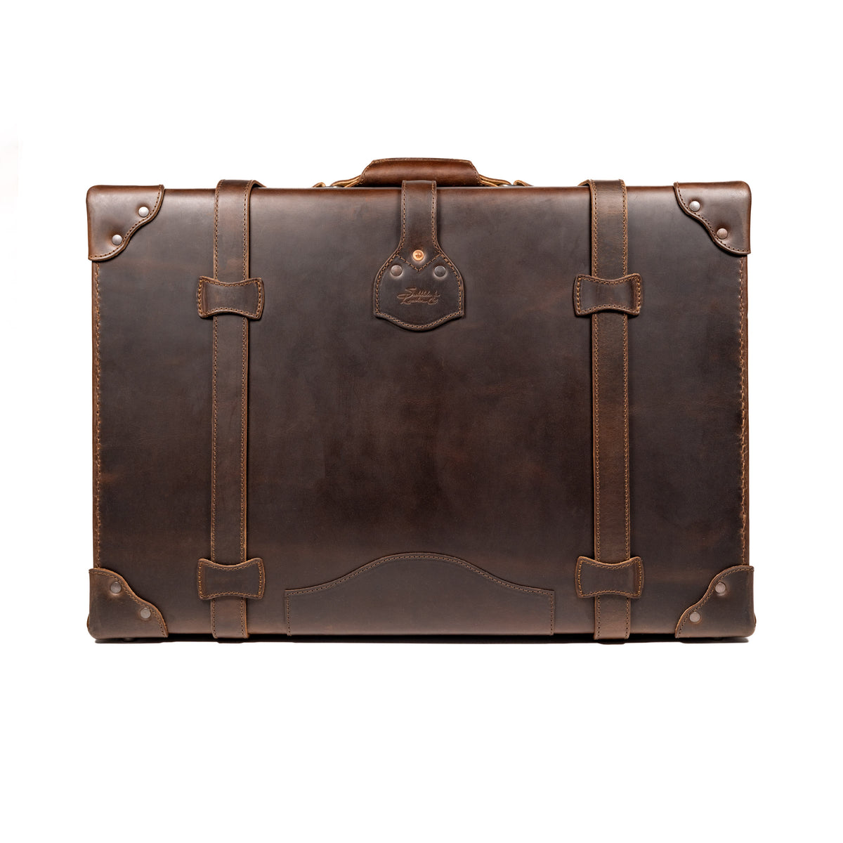 Grandfather Suitcase in Dark Coffee Brown, back view with top handle, leather straps and riveted corners