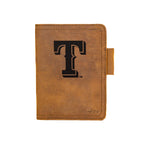 Leather Journal Cover - Texas Rangers in Tobacco, front cover with embossed Rangers T logo and pen loop
