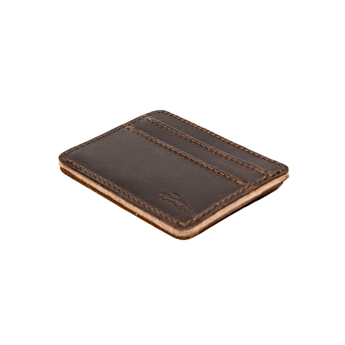 Front Pocket Leather ID Wallet in Dark Coffee Brown lying at an angle to show its thin profile and natural edge