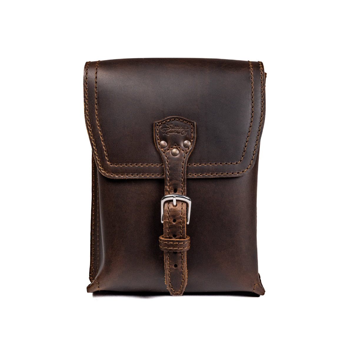 Leather Travel Satchel in Dark Coffee Brown, front view with buckled strap closure on the flap