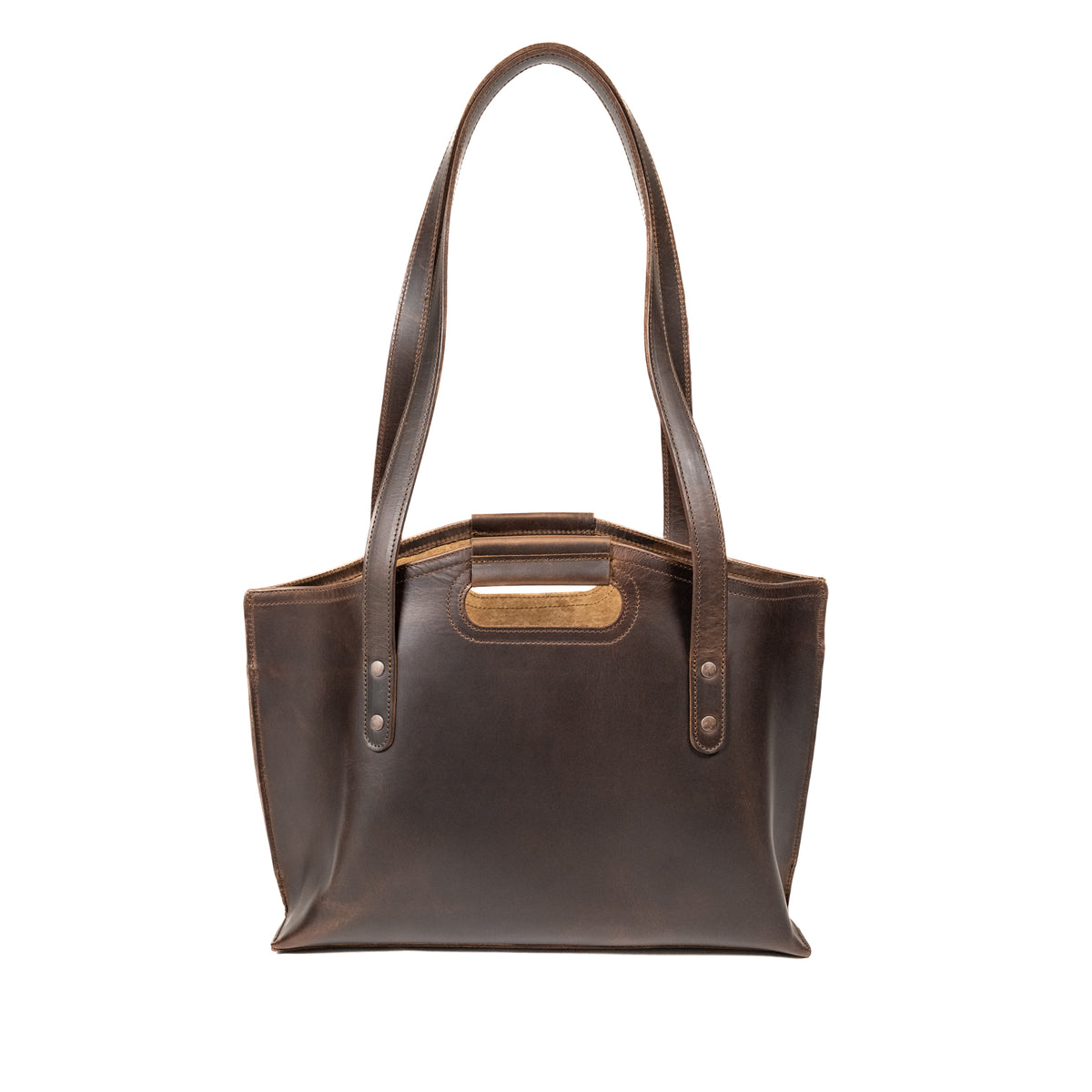 Urban Leather Tote in Dark Coffee Brown, back view with shoulder handles and cutout grip
