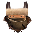 12" Drawstring Backpack in Dark Coffee Brown, top view open and empty showing interior pockets and suede lining