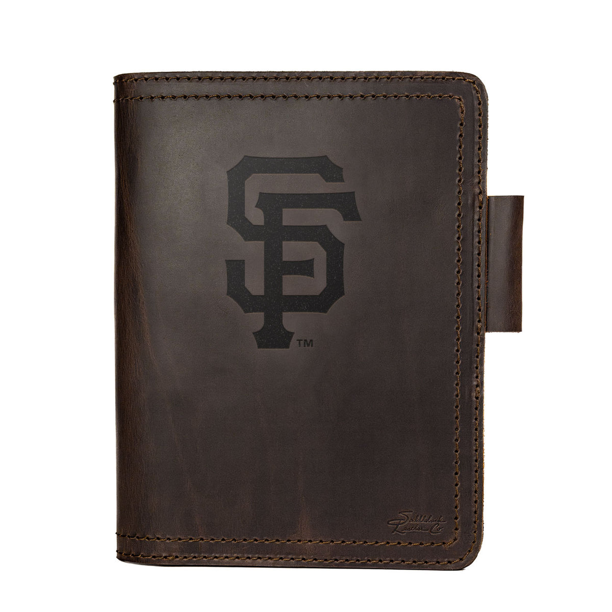 Leather Journal Cover - San Francisco Giants in Dark Coffee Brown, front cover with embossed Giants SF logo and pen loop