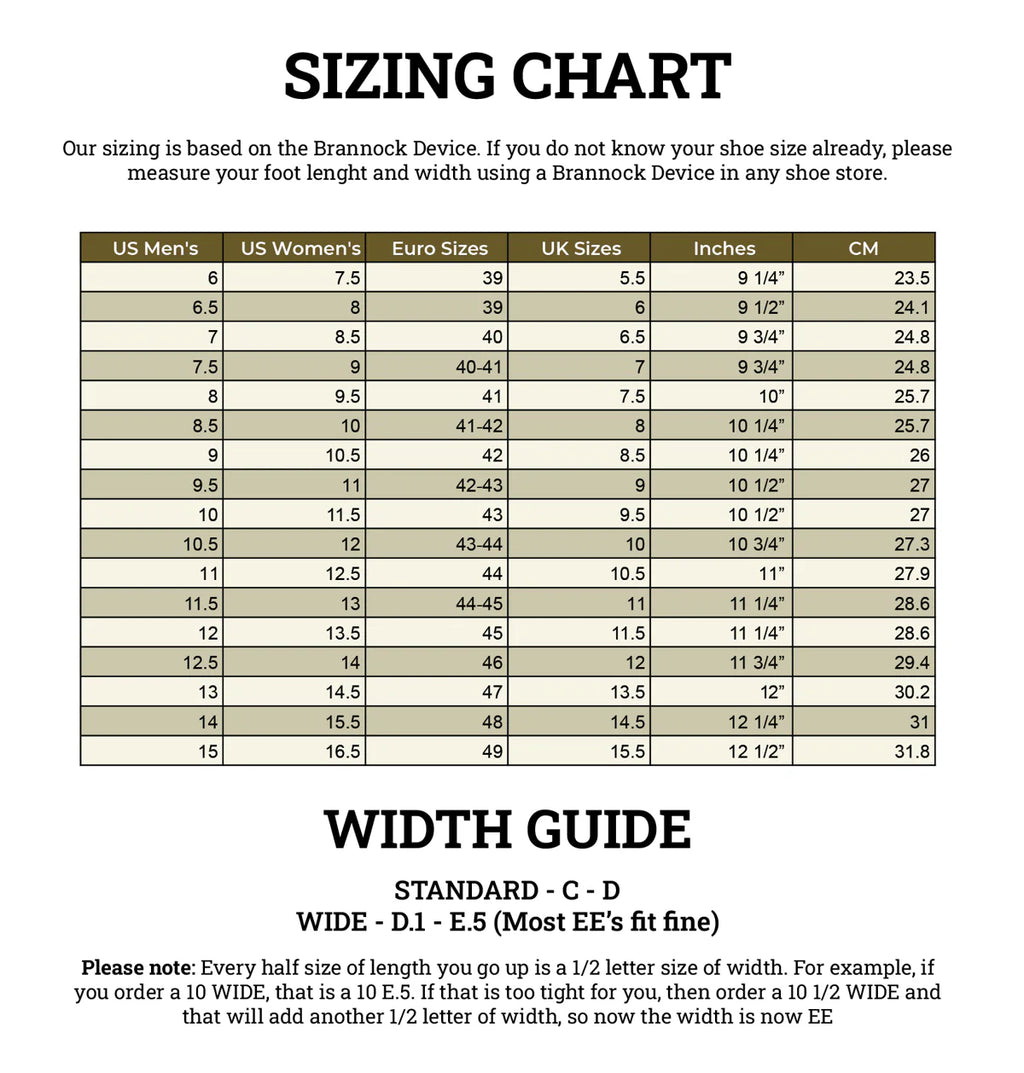 Toe Cap Shoes sizing chart converting US, Euro, UK, inches and cm, with a standard and wide width guide