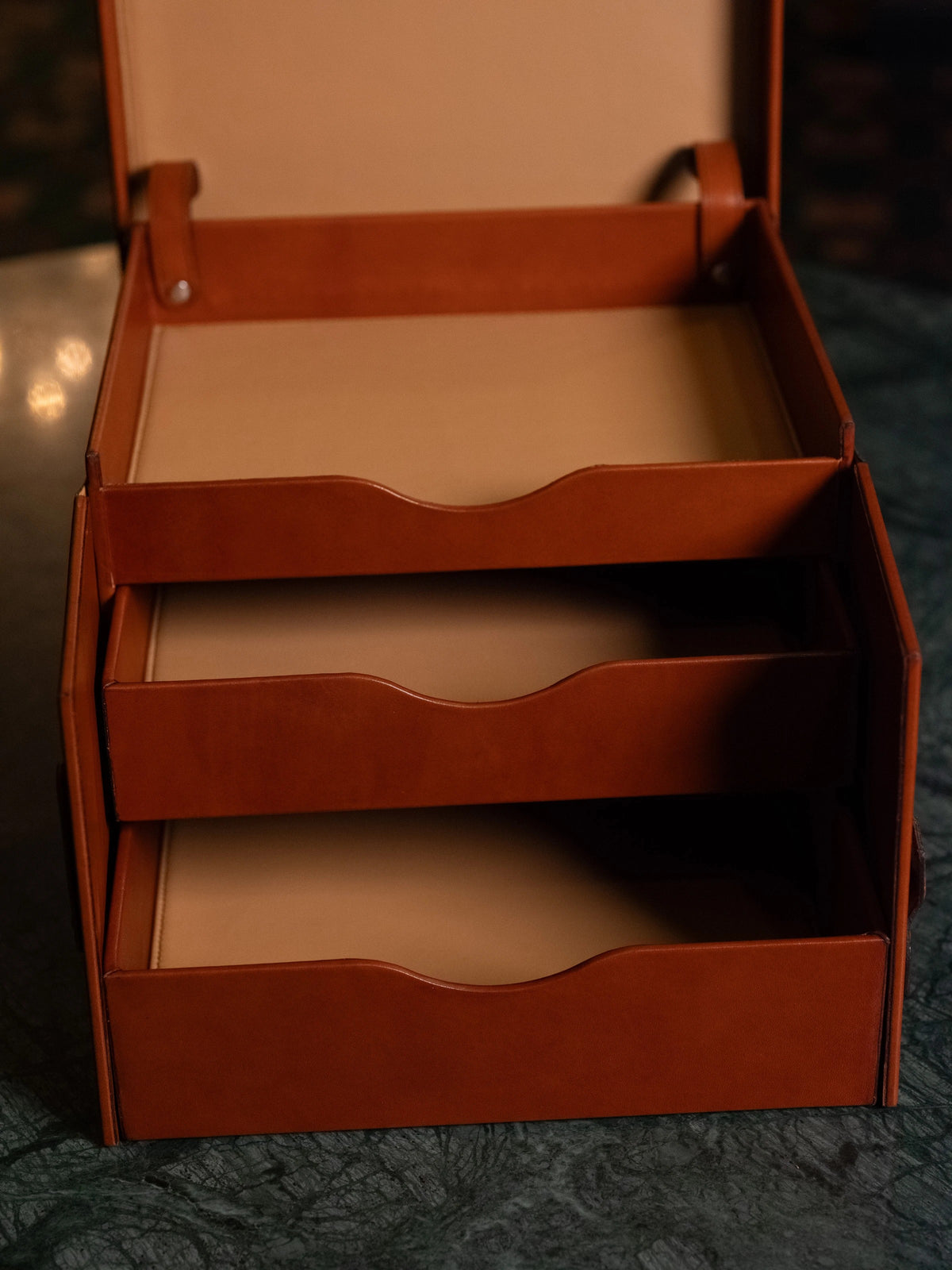Silverback Churchill Case in Natural, front view with lid lifted and stacked leather drawers open
