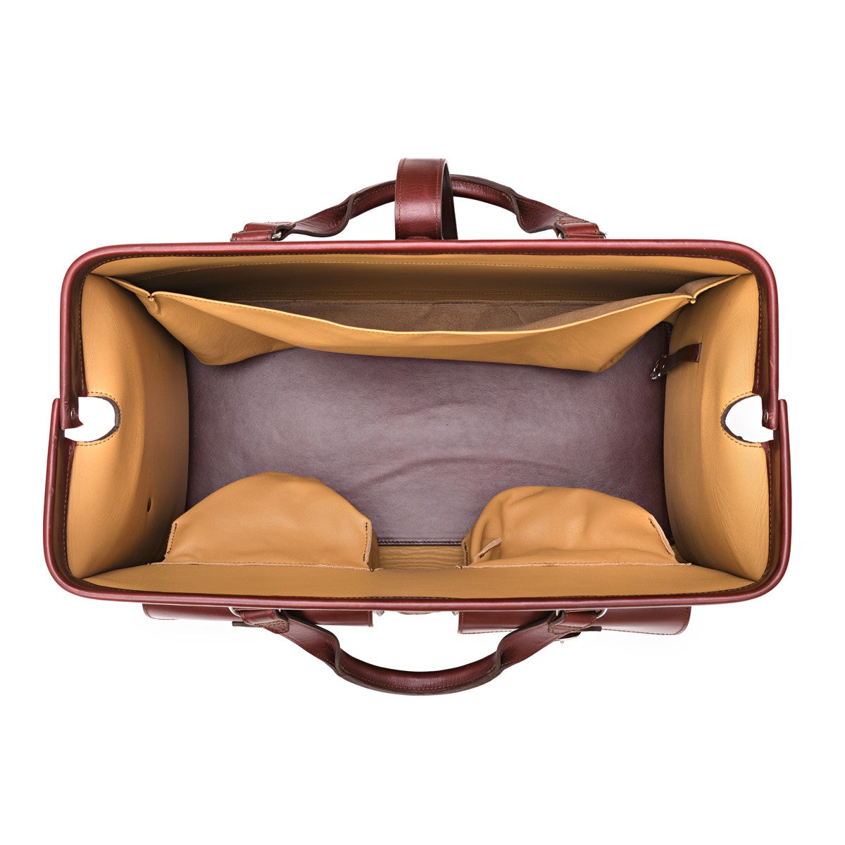 Wesley Deep Pocket Duffle in Oxblood, top-down view of the open interior with tan goatskin lining and inside pockets