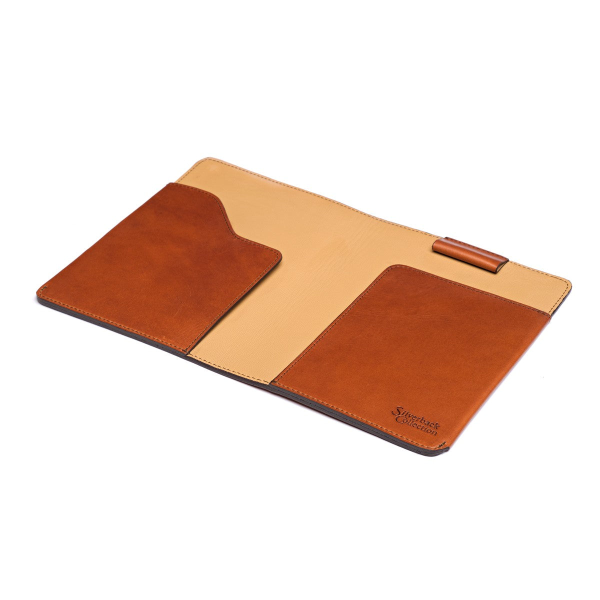 J.R.R. Tolkien Journal Cover in English Tan, open flat showing the goatskin lining, cover pockets and pen loop