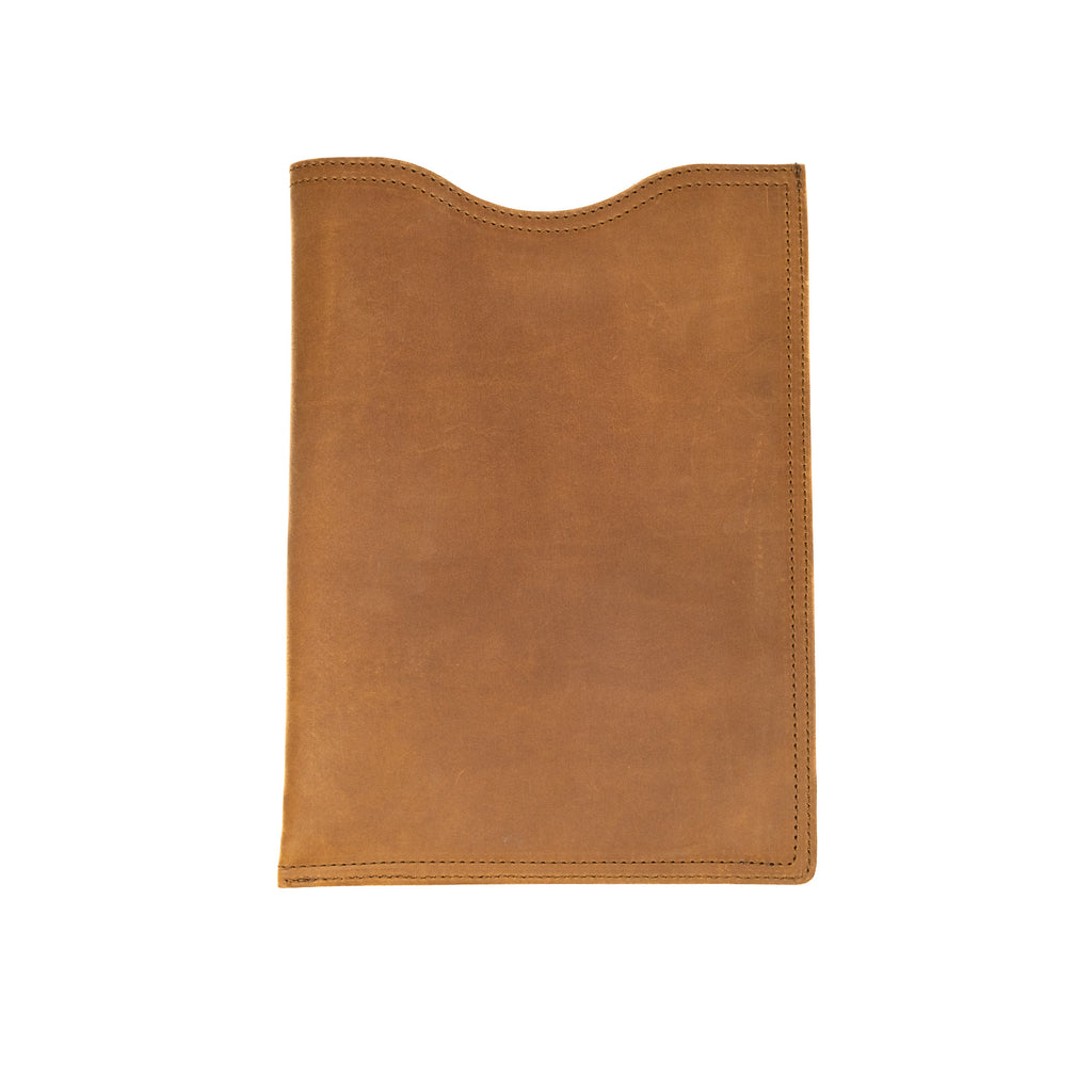 16" Vertical Laptop Sleeve in Tobacco, back view with curved top opening and stitched edges