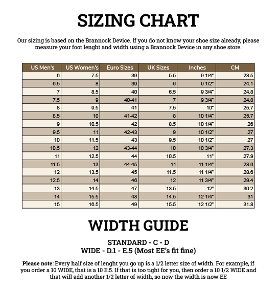 Sizing chart for high quality English tan leather Officer's Boots with US, Euro and UK sizes, inches and cm