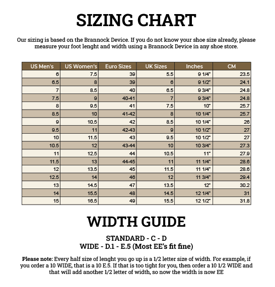 Officer's Boot sizing chart with US, Euro, UK, inch and cm conversions plus width guide
