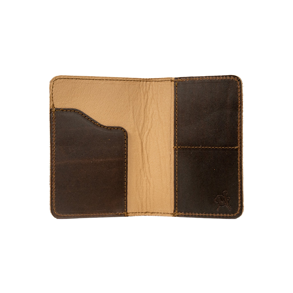Slim Passport Wallet in Dark Coffee Brown opened flat to show the passport sleeve, card pockets and tan interior