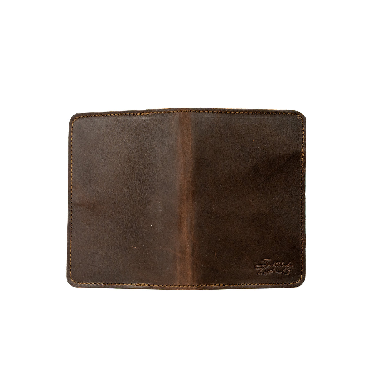 Slim Passport Wallet in Dark Coffee Brown opened flat face down, showing the full outer cover and embossed logo