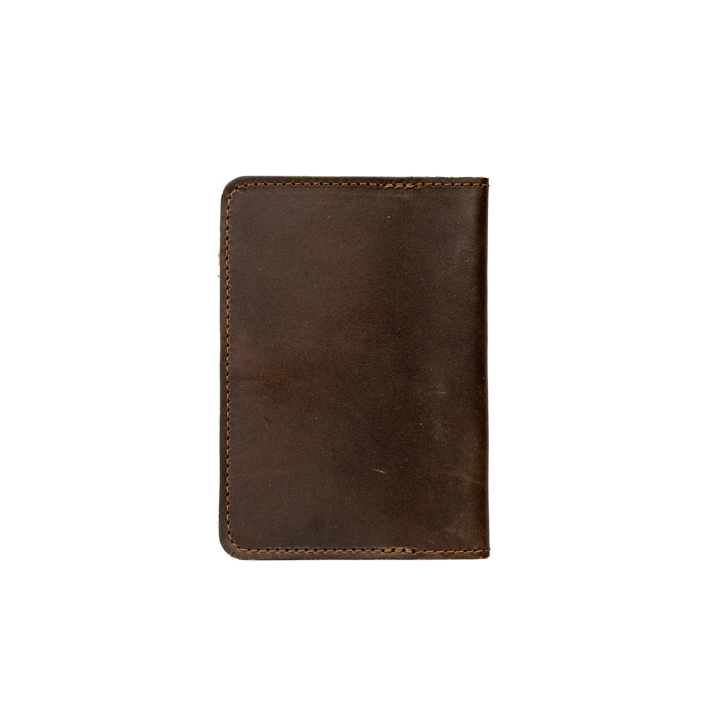Slim Passport Wallet in Dark Coffee Brown, closed back view with stitched edges and rounded corners