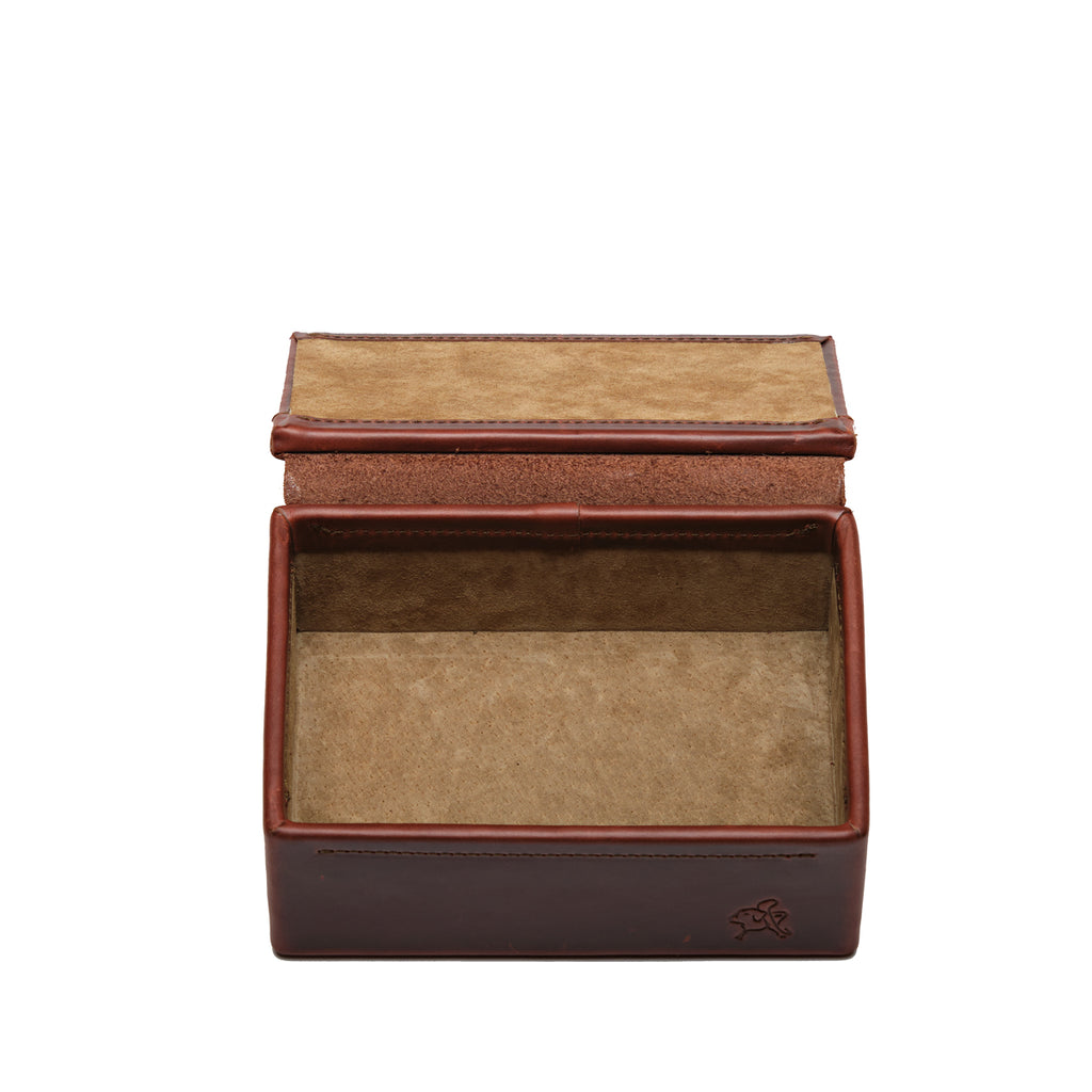 Small Organizer Box in Chestnut, lid open showing empty tan suede-lined interior, top-down view