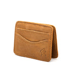 Front Pocket Magic Wallet in Tobacco, angled view with curved card pockets and embossed emblem