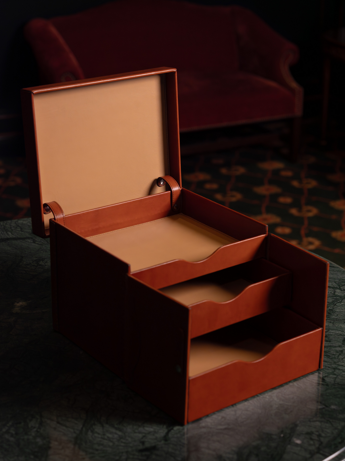 Silverback Churchill Case in Natural, angled view with lid open and drawers pulled out