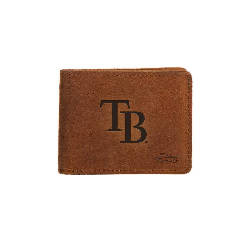 Leather Bifold Wallet in Tobacco with embossed Tampa Bay Rays TB logo, closed front view