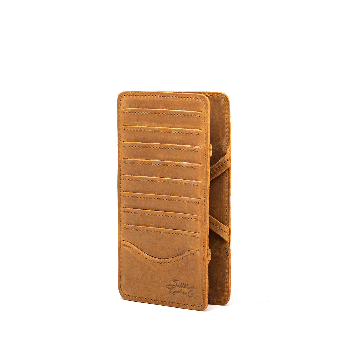 Large Magic Wallet in Tobacco standing upright, showing the side with stacked card slots
