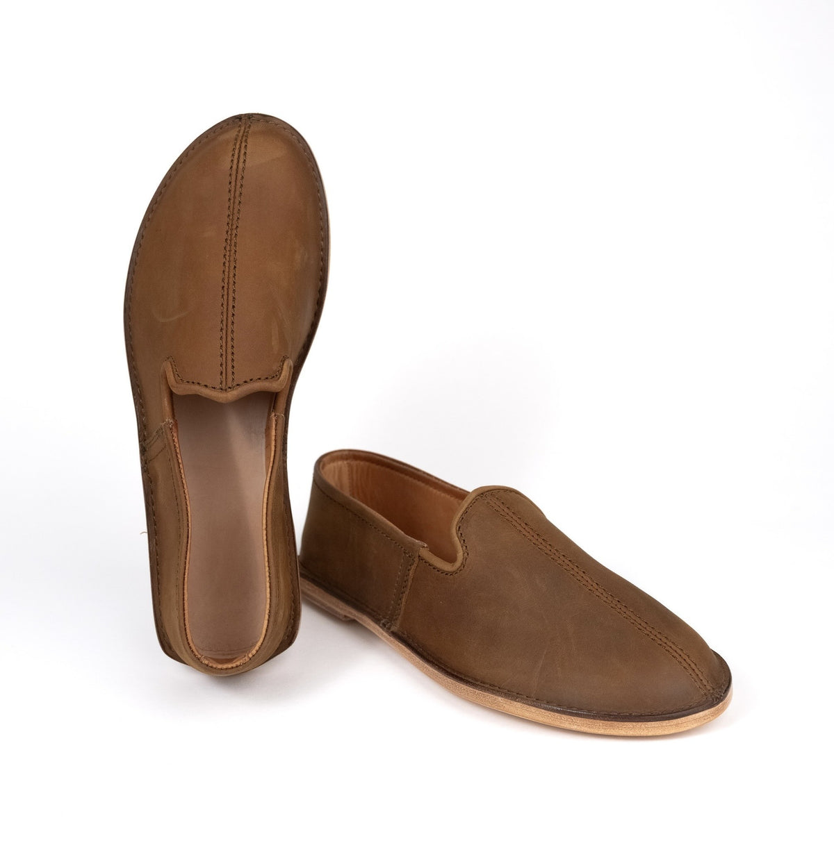Barefoot Slip-on Shoe in Tobacco, pair shown from the top and side on a white background
