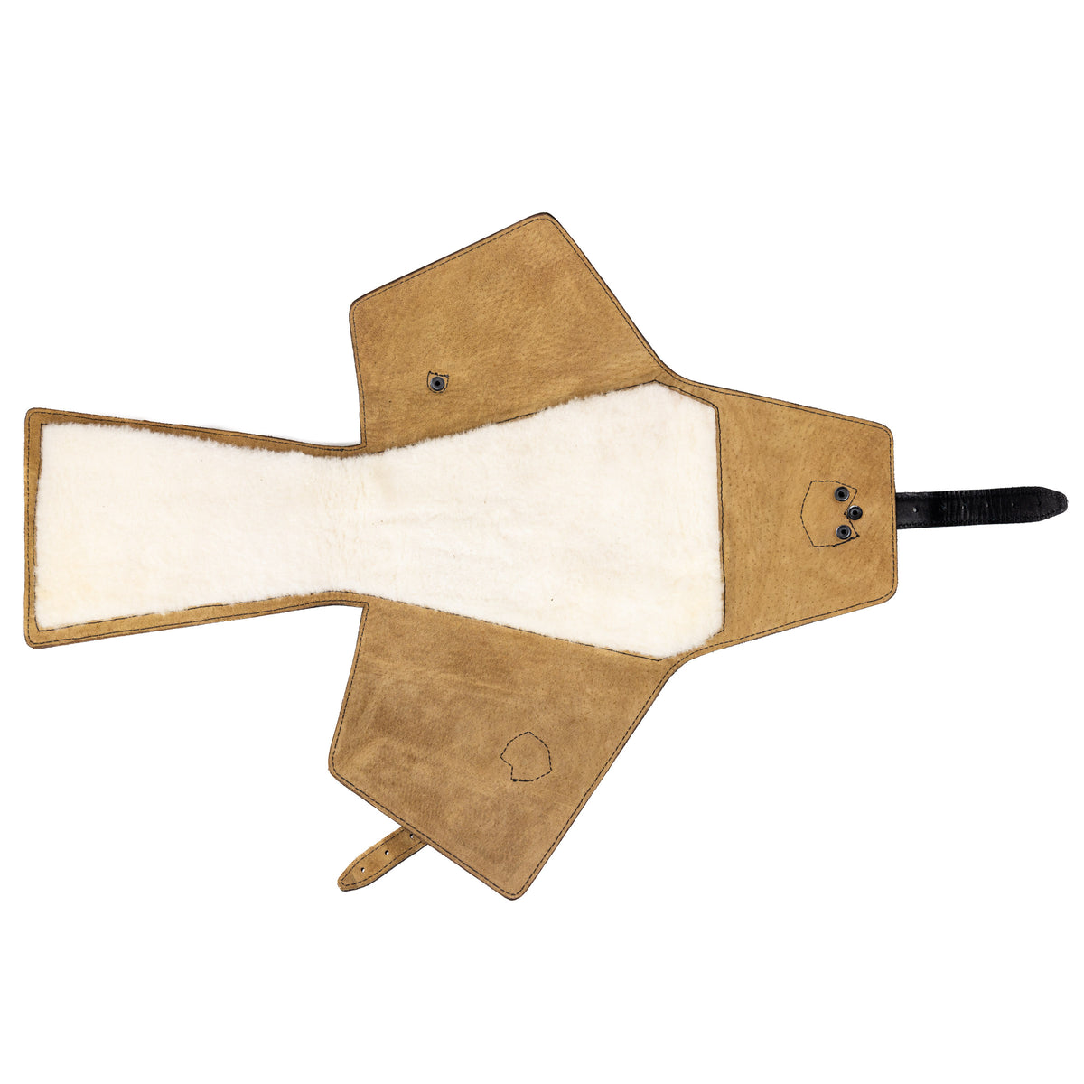 Leather Pistol Wrap in Tobacco fully unfolded and empty, showing the fleece lining and closure strap