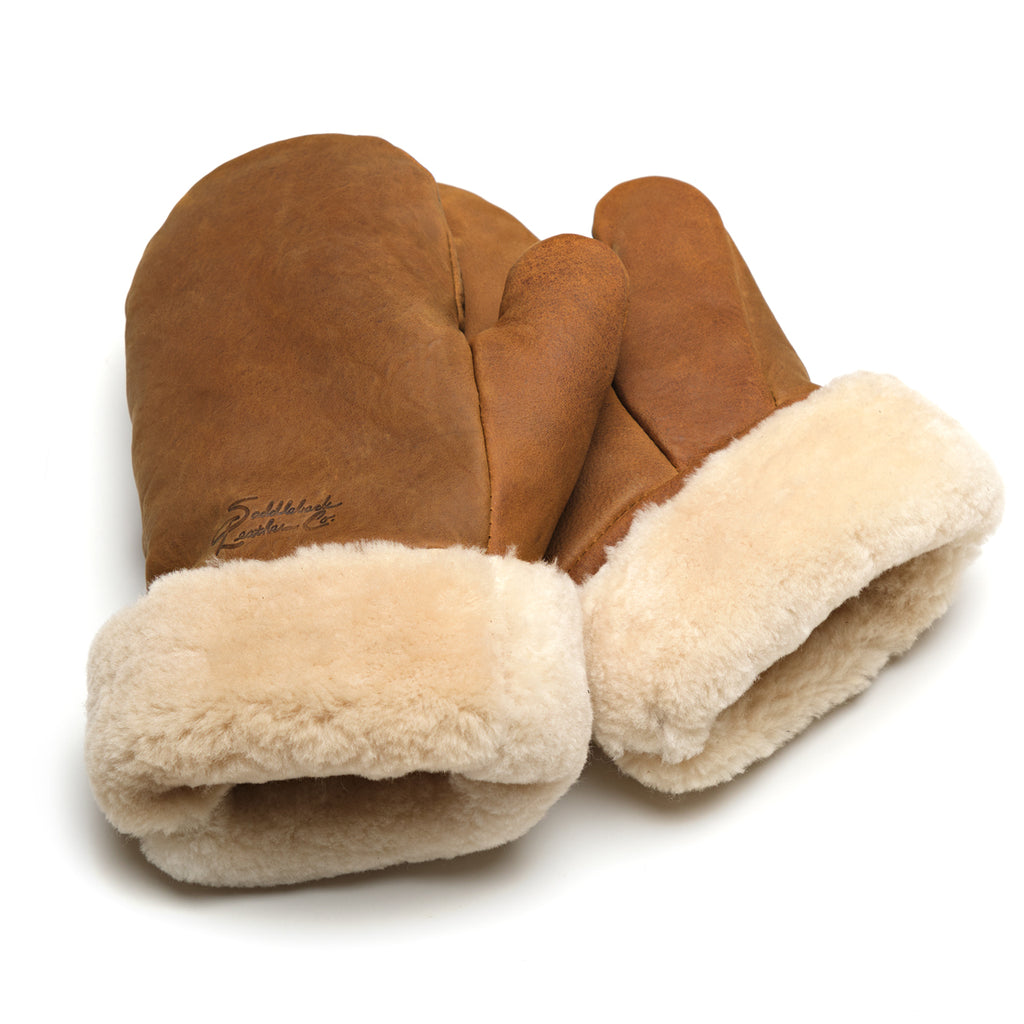 Sheepskin Mittens in tan leather with cream shearling cuffs and embossed logo, pair angled view