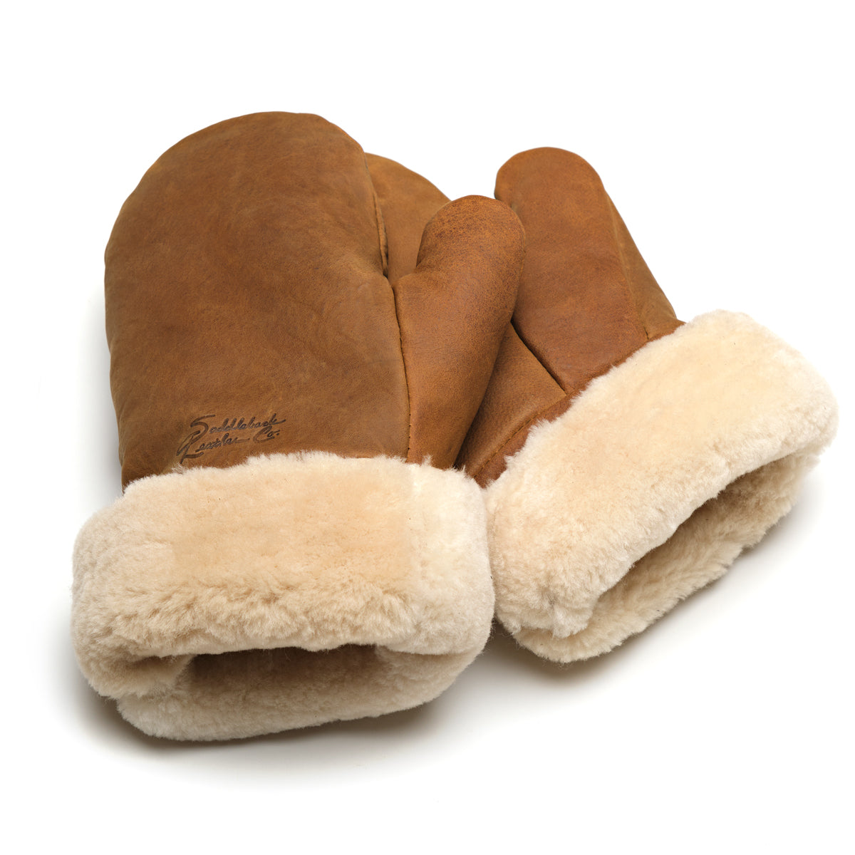 Sheepskin Mittens in tan leather with cream shearling cuffs and embossed logo, pair angled view