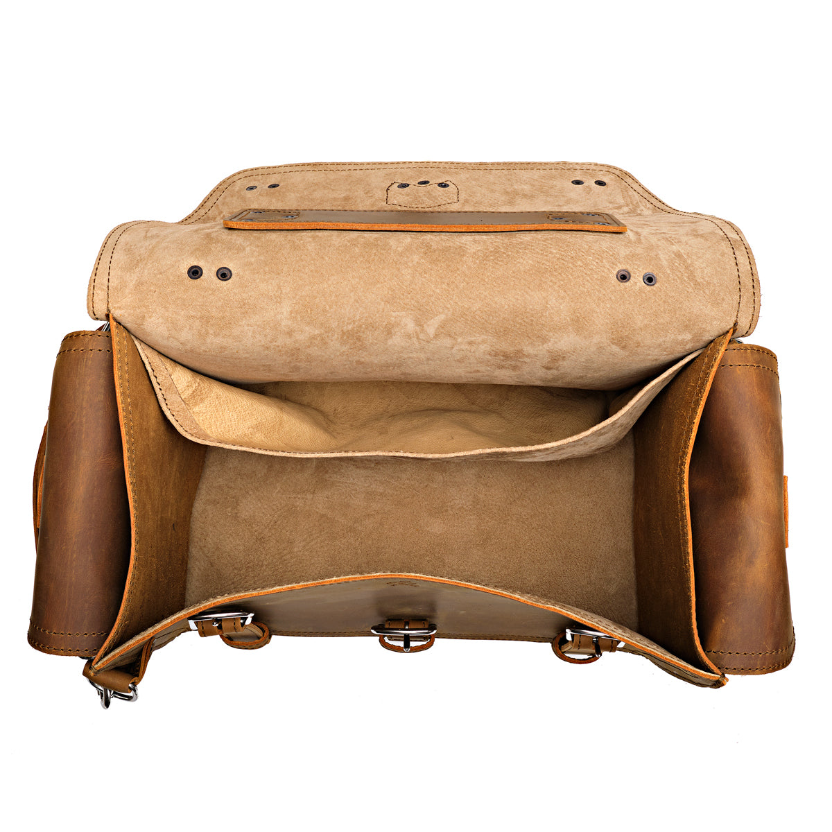 Side Pocket Leather Duffle in Tobacco, top view open showing the suede-lined interior and slip pocket
