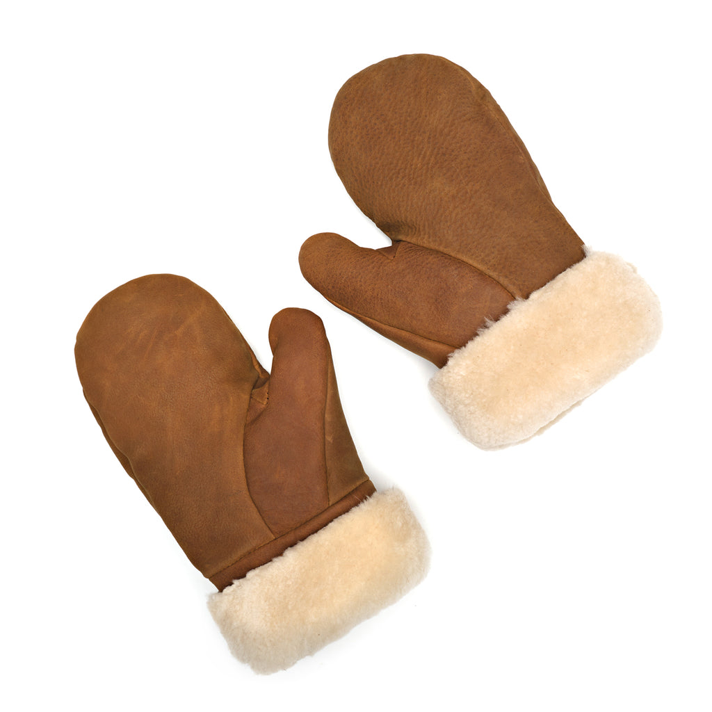 Sheepskin Mittens in tan leather with cream shearling cuffs, pair laid flat showing the palms