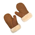 Sheepskin Mittens in tan leather with cream shearling cuffs, pair laid flat showing the palms