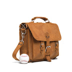 Thin Front Pocket Leather Briefcase in Tobacco, angled front view beside a baseball for size comparison