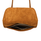 Walker's Pouch in tan, close-up of the flap's suede underside and the open top of the pouch
