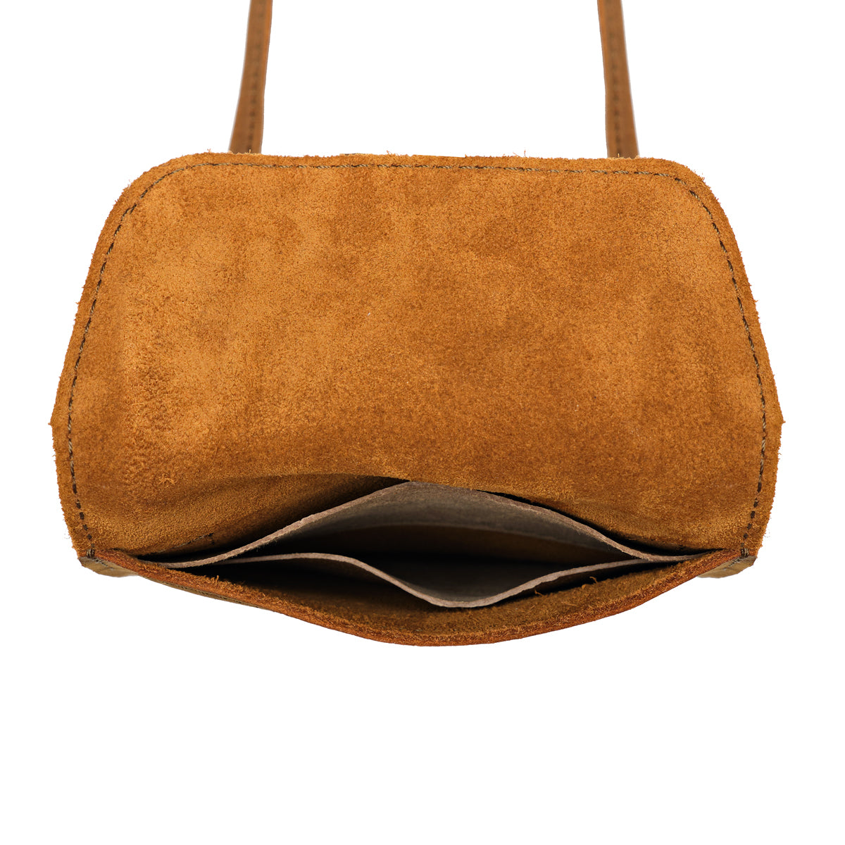 Walker's Pouch in tan, close-up of the flap's suede underside and the open top of the pouch
