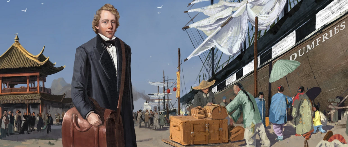 Painting of a 19th century traveler with a brown leather duffle on a busy harbor dock beside the ship Dumfries