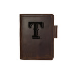 Leather Journal Cover - Texas Rangers in Dark Coffee Brown, front cover with embossed Rangers T logo and pen loop